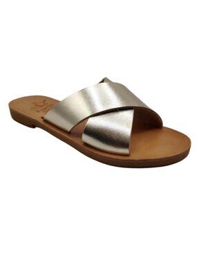 Pagonis Gold Xi Leather Crisscross Strap Flat Greek Sandals - 38 / 8 🇬🇷